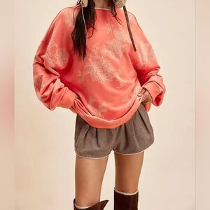 Free People Classic Printed Oversized Crewneck/Coral Combo
